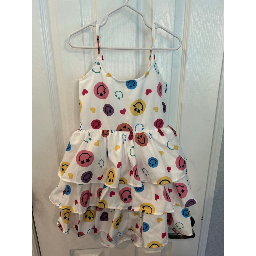Lola + The Boys Tiered Dress White Multi Smiley Face Heart Ruffle Sundress 2